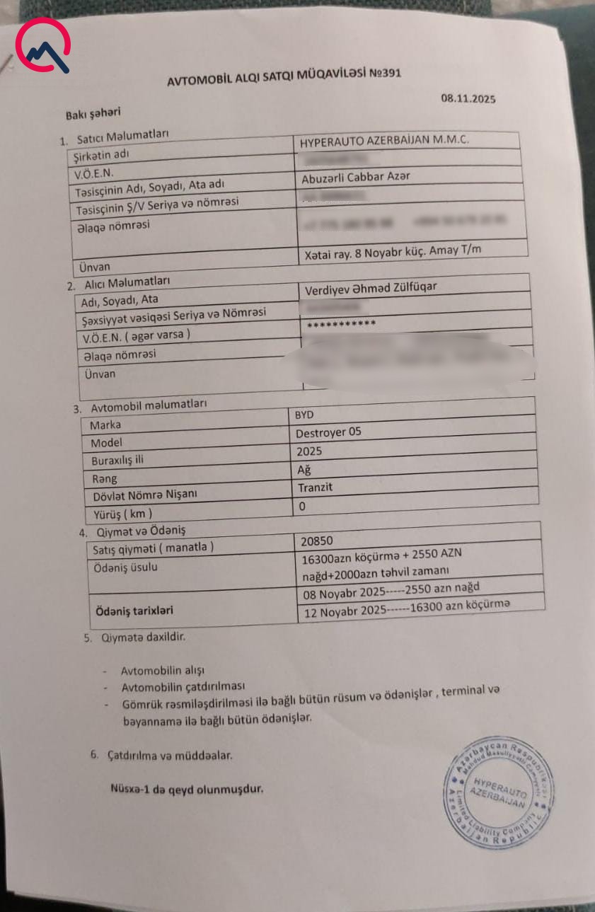 "Hyperauto" şirkəti vətəndaşı aldatdı - BYD üçün 19 minə yaxın pul aldılar, amma...